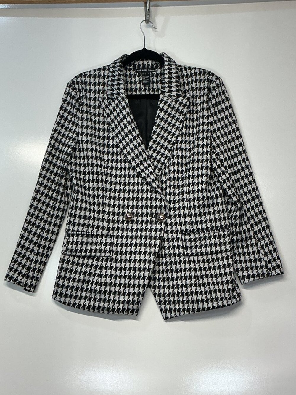 Attitude Unknown L Black White Houndstooth Double Breasted Blazer Gold Buttons - Picture 2 of 16
